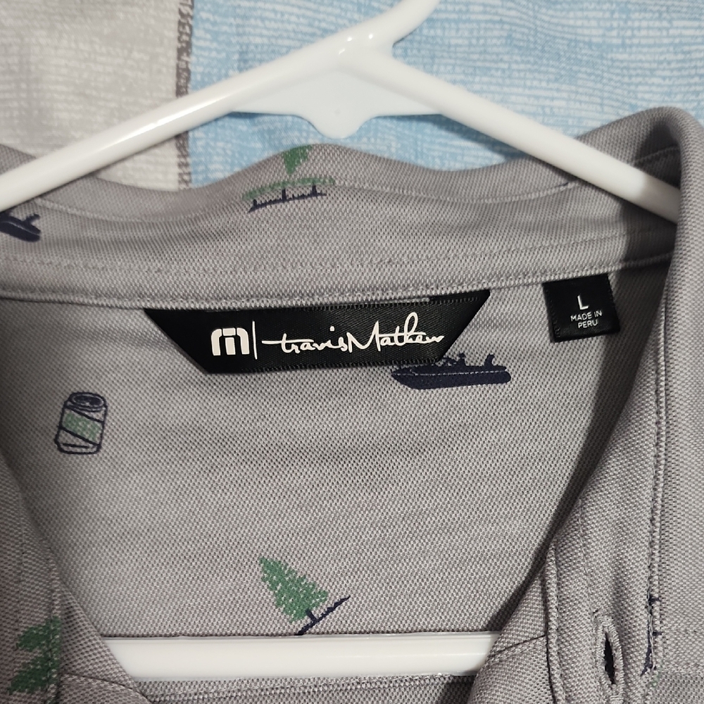 Travis Mathew Gray Polo with Navy and Green Icons - Picture 2 of 5